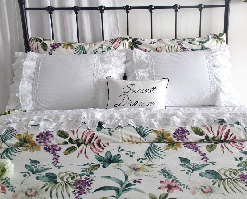 QSH Luxury Eyelet Lace Ruffle Sheets Set King Size French Country Bedding 100% Washed Cotton Shabby Bed Sheet 4pcs Deep Pockets Ruffled Bed Sheets - Image 2